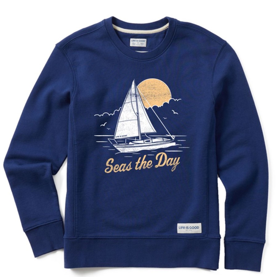 Women Life is Good Sweatshirts & Hoodies | Women'S Seas The Day Sailboat Simply True Fleece Crew Darkest Blue