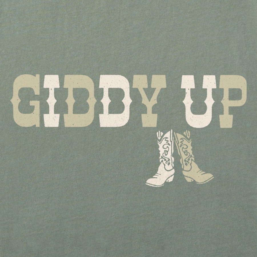 Women Life is Good Boxy Tees | Women'S Woodcut Giddy Up Boots Boxy Crusher Tee Moss Green