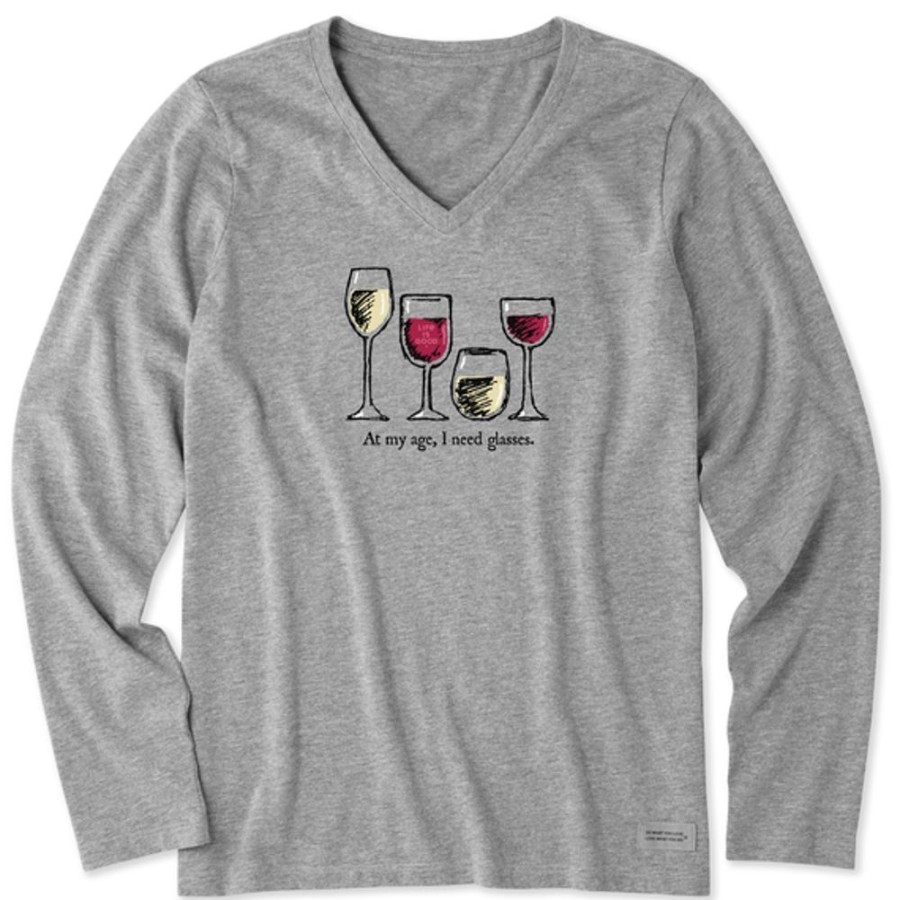 Women Life is Good Graphic Tees | Women'S I Need Wine Glasses Long Sleeve Crusher Vee Heather Gray