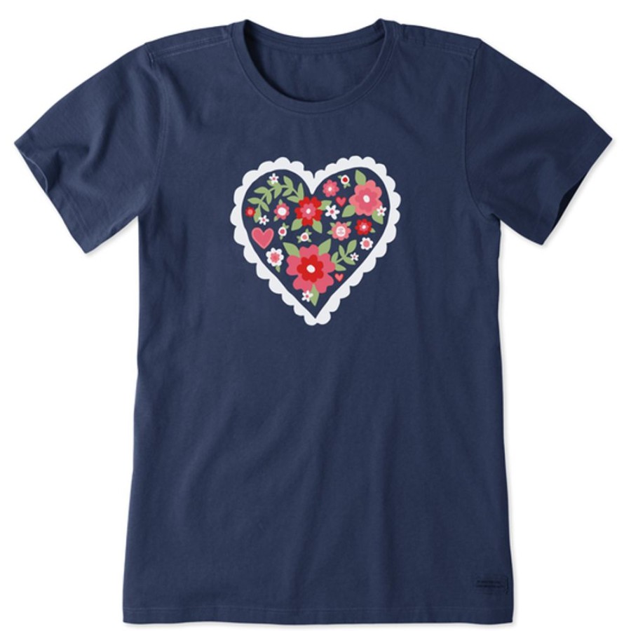 Women Life is Good Graphic Tees | Women'S Clean Cute Flower Heart Short Sleeve Tee Darkest Blue