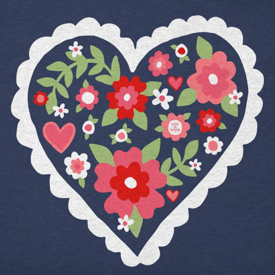 Women Life is Good Graphic Tees | Women'S Clean Cute Flower Heart Short Sleeve Tee Darkest Blue