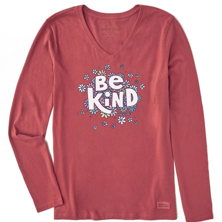 Women Life is Good Graphic Tees | Women'S Be Kind Flower Lines Long Sleeve Crusher-Lite Vee Faded Red