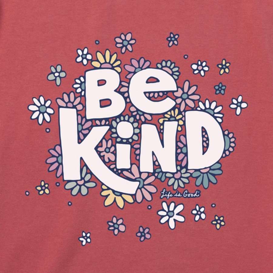 Women Life is Good Graphic Tees | Women'S Be Kind Flower Lines Long Sleeve Crusher-Lite Vee Faded Red