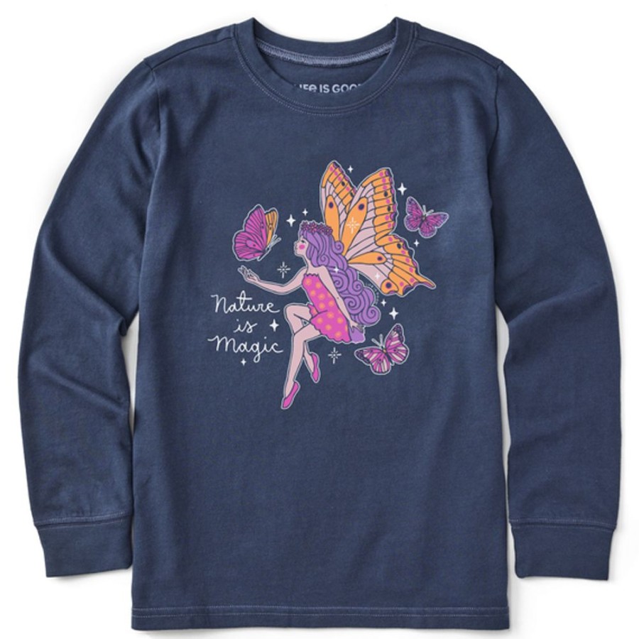 Kids Life is Good Graphic Tees | Kids Butterfly Fairy Nature Is Magic Long Sleeve Crusher Tee Darkest Blue