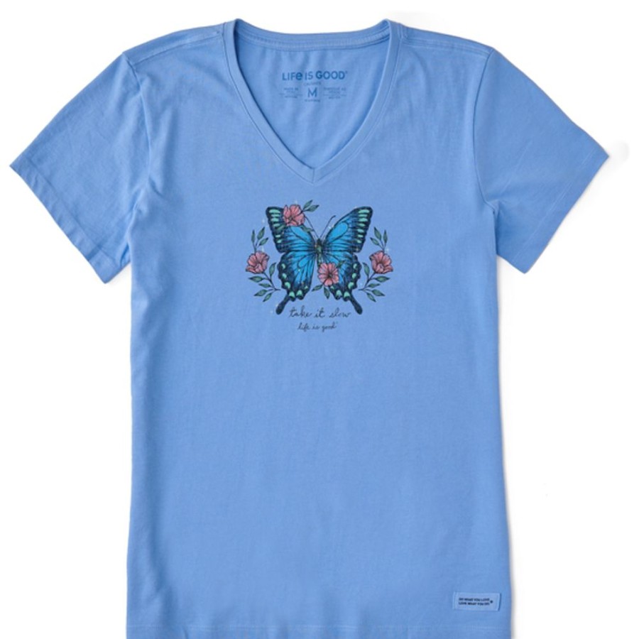 Women Life is Good Graphic Tees | Women'S Dreamy Butterfly Take It Slow Short Sleeve Vee Cornflower Blue