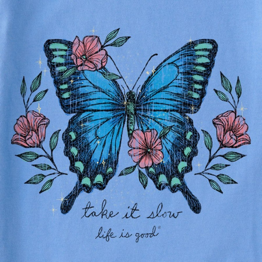 Women Life is Good Graphic Tees | Women'S Dreamy Butterfly Take It Slow Short Sleeve Vee Cornflower Blue