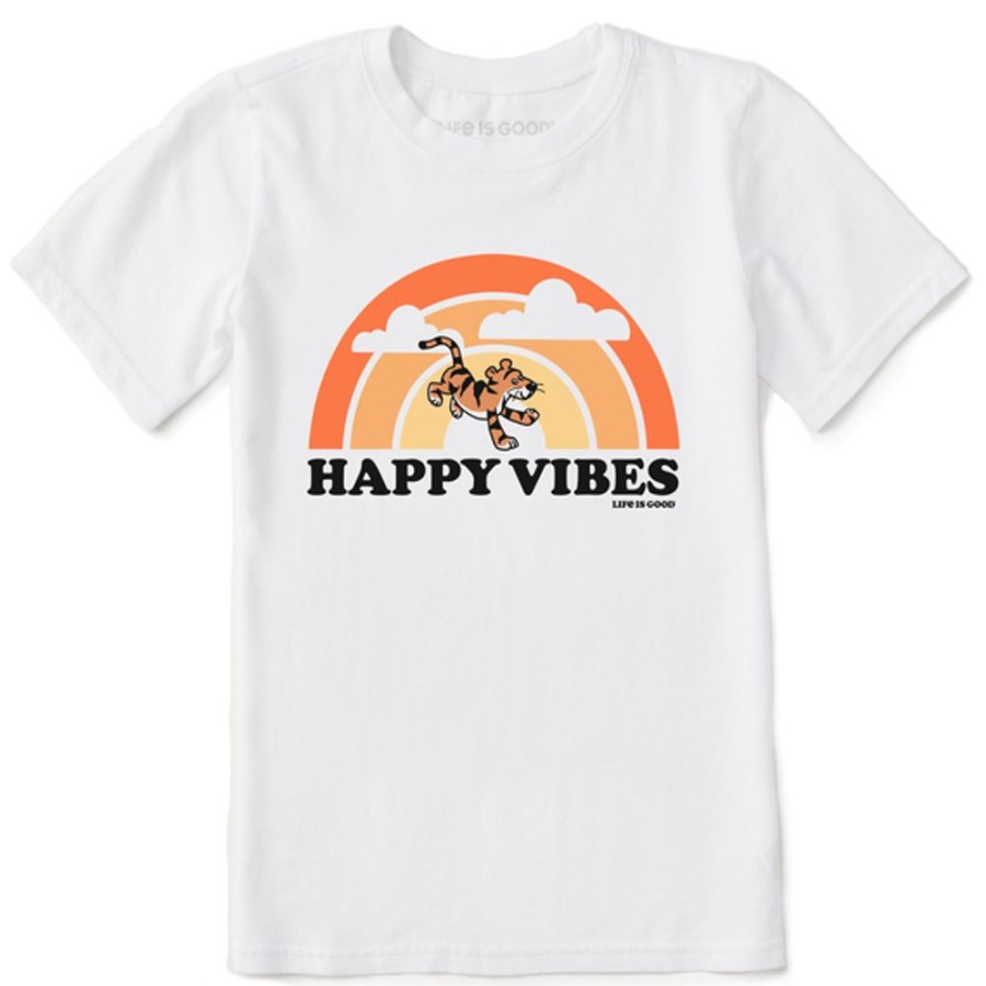 Kids Life is Good Graphic Tees | Kids Vintage Happy Vibes Tiger Stripe Rainbow Crusher Tee Cloud White