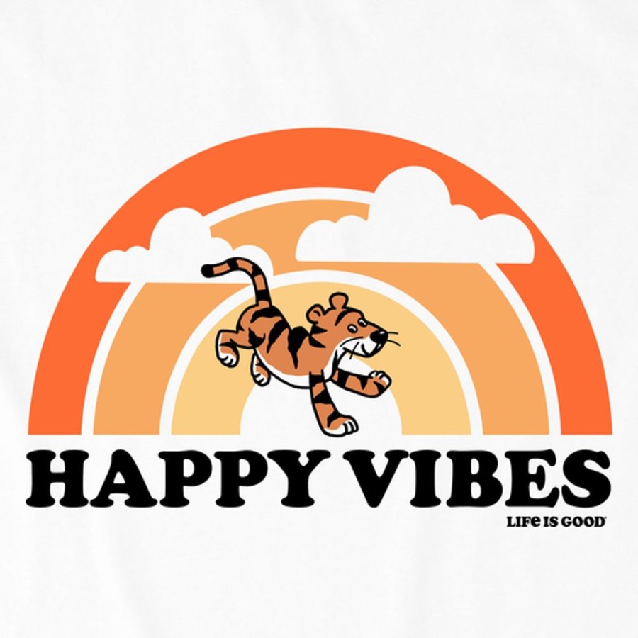 Kids Life is Good Graphic Tees | Kids Vintage Happy Vibes Tiger Stripe Rainbow Crusher Tee Cloud White