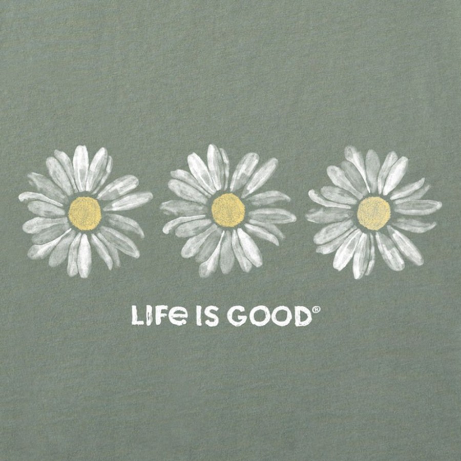 Women Life is Good Graphic Tees | Women'S Three Painted Daisies Long Sleeve Crusher Tee Moss Green