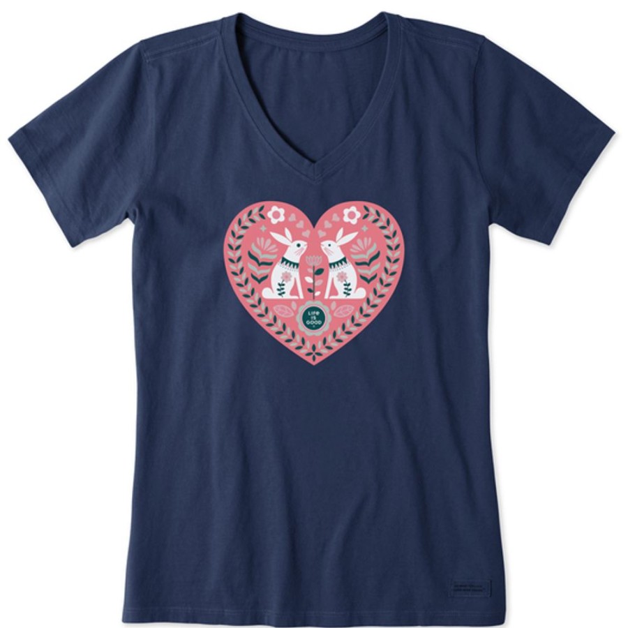 Women Life is Good Graphic Tees | Women'S Scandinavian Heart Bunnies Short Sleeve Vee Darkest Blue