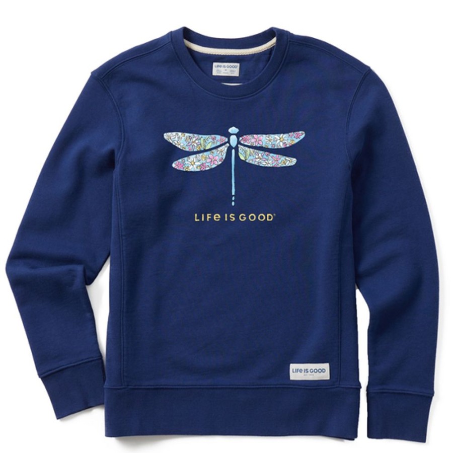 Women Life is Good Sweatshirts & Hoodies | Women'S Wildflower Dragonfly Watercolor Simply True Fleece Crew Darkest Blue