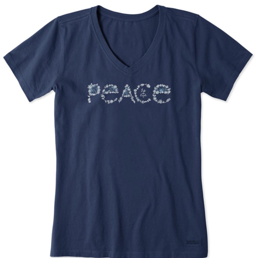 Women Life is Good Graphic Tees | Women'S Stardust Peace Flowers Crusher Vee Darkest Blue