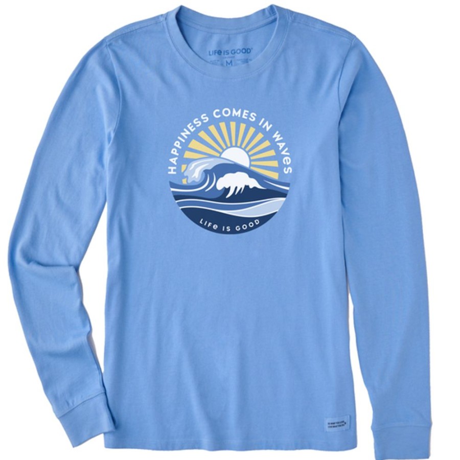 Women Life is Good Graphic Tees | Women'S Happy Waves Long Sleeve Crusher Tee Cornflower Blue