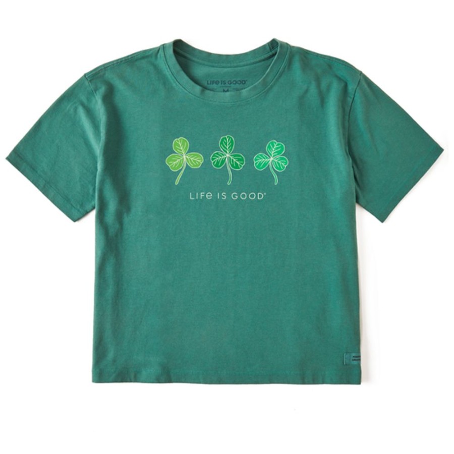 Women Life is Good Graphic Tees | Women'S Fineline 3 Clovers Boxy Crusher Tee Spruce Green