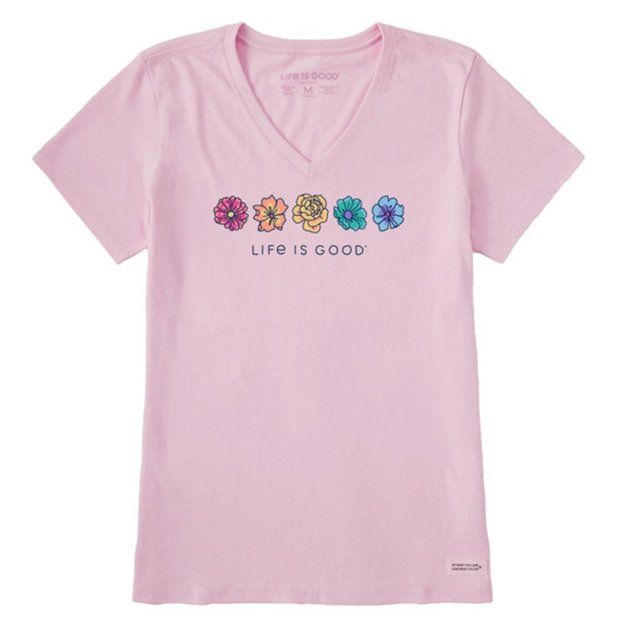 Women Life is Good Graphic Tees | Women'S Simple Rainbow Flowers Short Sleeve Vee Seashell Pink