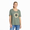 Women Life is Good Graphic Tees | Women'S Detailed Sunflower Relaxed Fit Slub Tee Moss Green