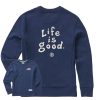 Women Life is Good Sweatshirts & Hoodies | Women'S Lig Vintage Wordmark Stacked Simply True Fleece Crew Darkest Blue