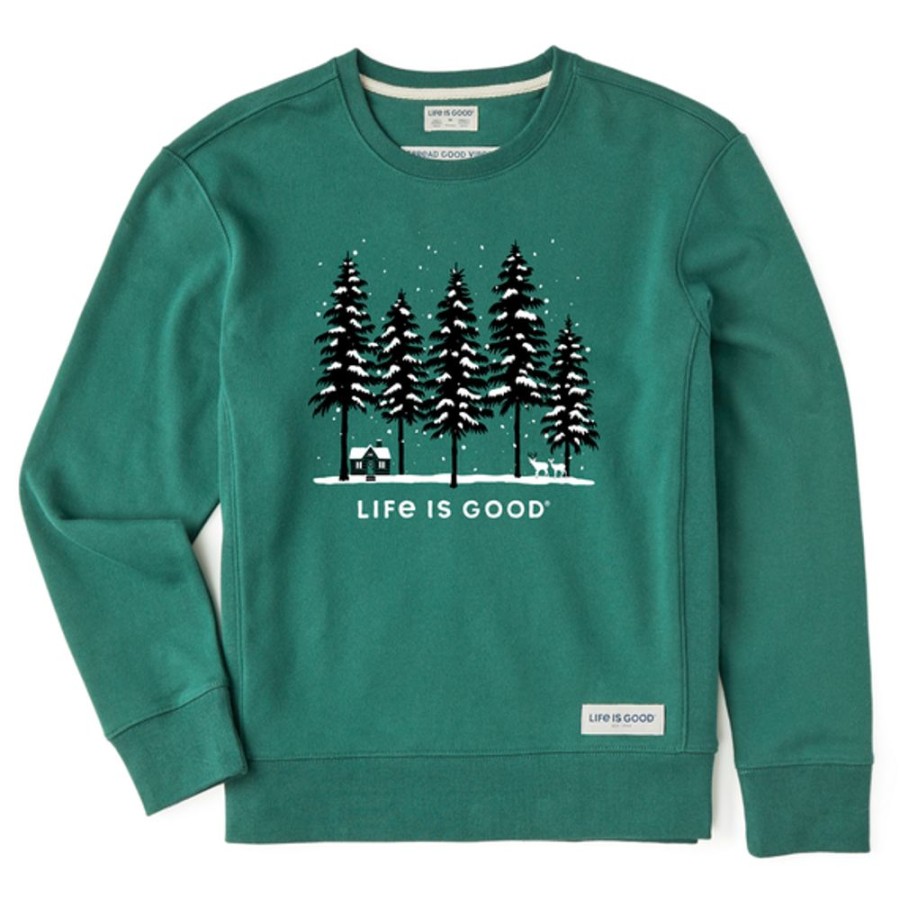 Women Life is Good Sweatshirts & Hoodies | Women'S Snowy Winter Cabin Scene Simply True Fleece Crew Spruce Green