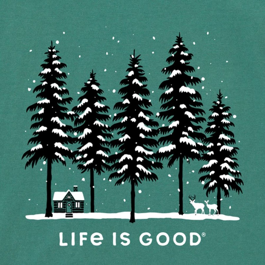 Women Life is Good Sweatshirts & Hoodies | Women'S Snowy Winter Cabin Scene Simply True Fleece Crew Spruce Green