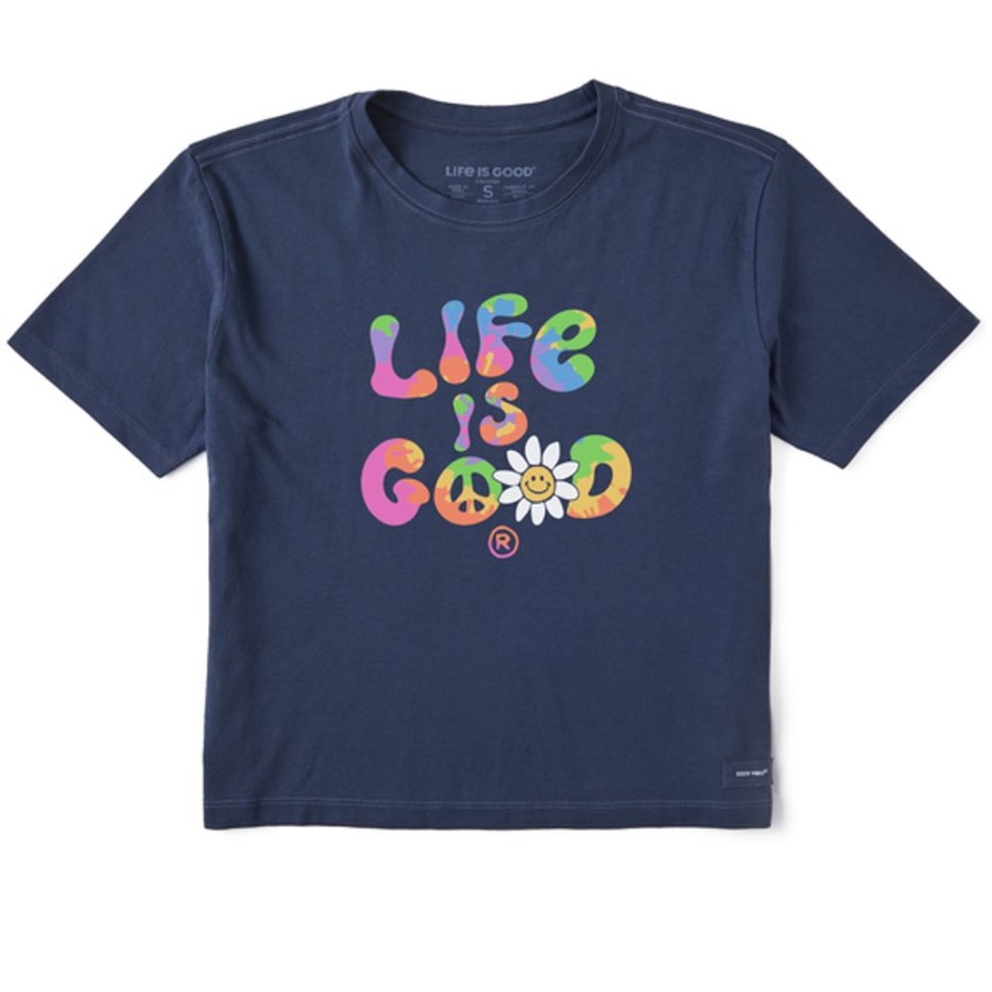 Women Life is Good Boxy Tees | Women'S Tie Dye Groovy Lig Boxy Crusher Tee Darkest Blue