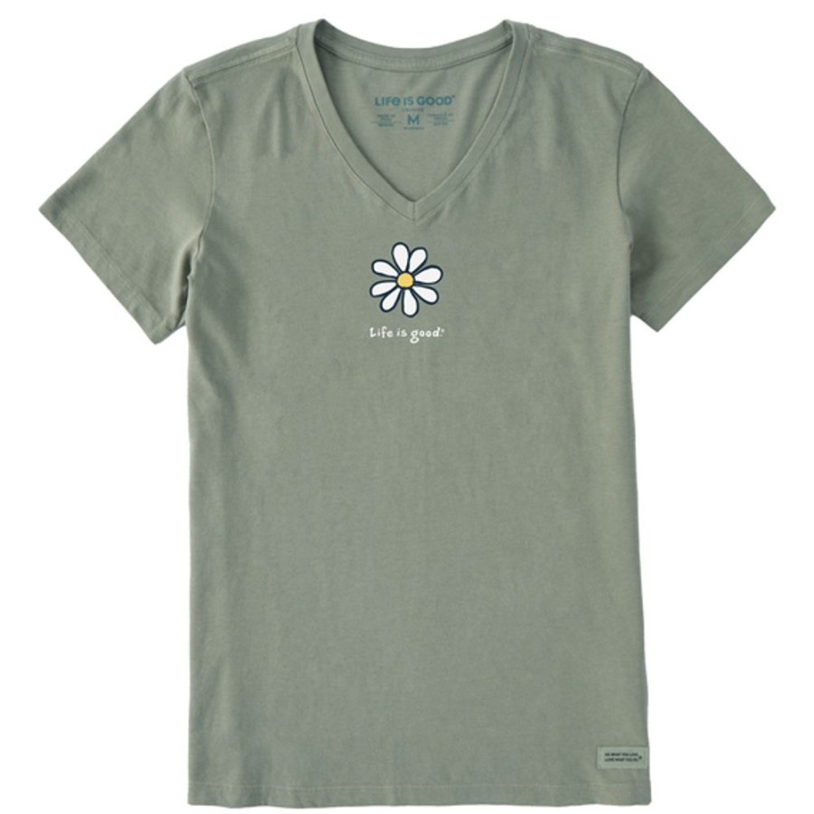 Women Life is Good Graphic Tees | Women'S Lig Daisy Short Sleeve Vee Moss Green