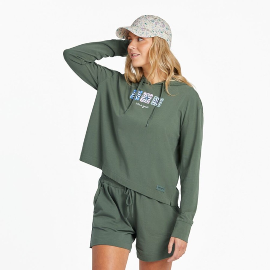 Women Life is Good Sweatshirts & Hoodies | Women'S Three Boxed Daisies Crusher-Flex Boxy Hoodie Dark Moss Green