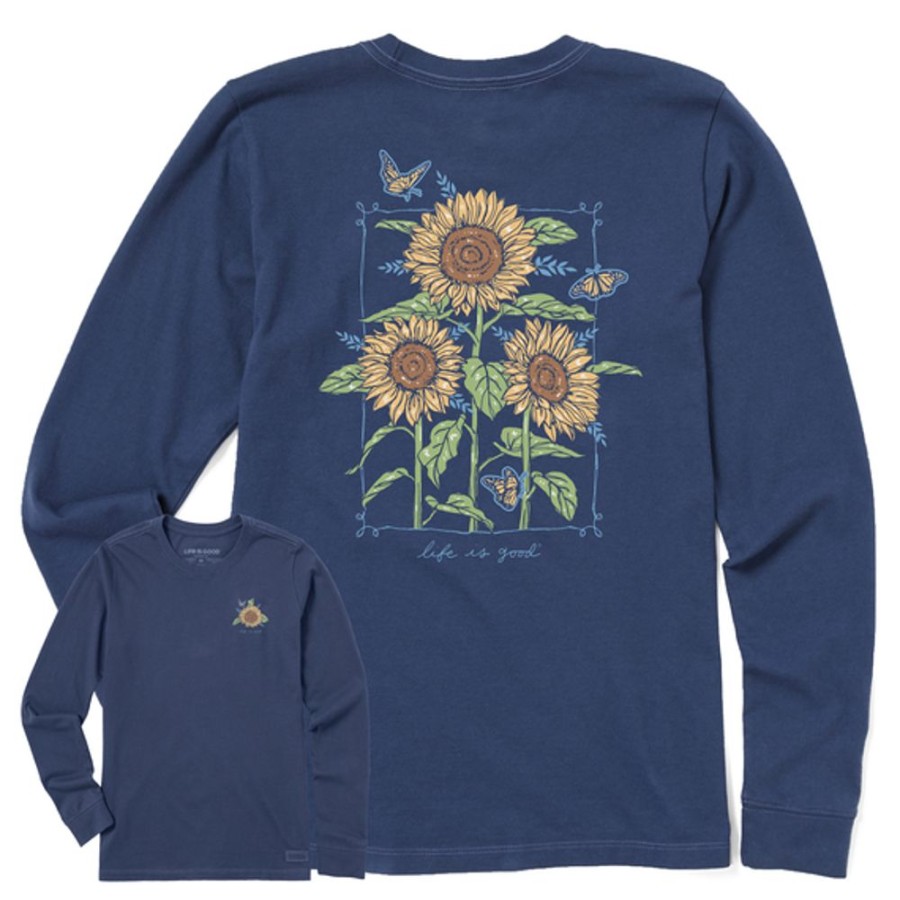 Women Life is Good Graphic Tees | Women'S Realaxed Sunflowers & Monarchs Long Sleeve Crusher Tee Darkest Blue