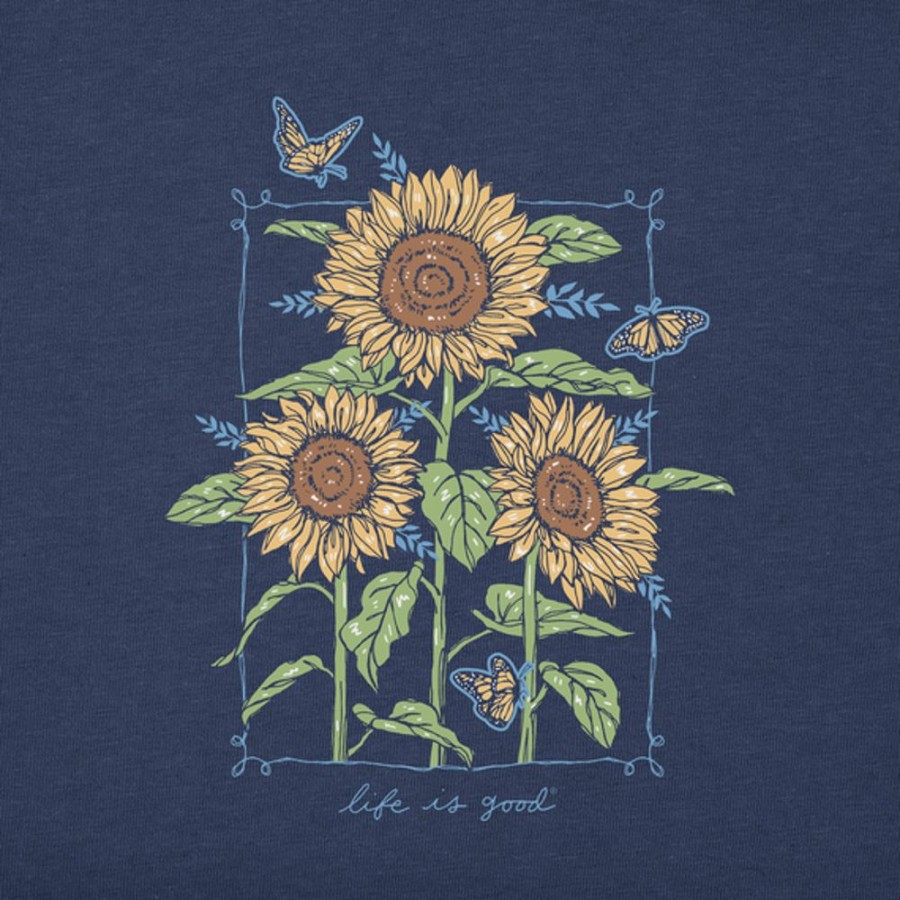 Women Life is Good Graphic Tees | Women'S Realaxed Sunflowers & Monarchs Long Sleeve Crusher Tee Darkest Blue