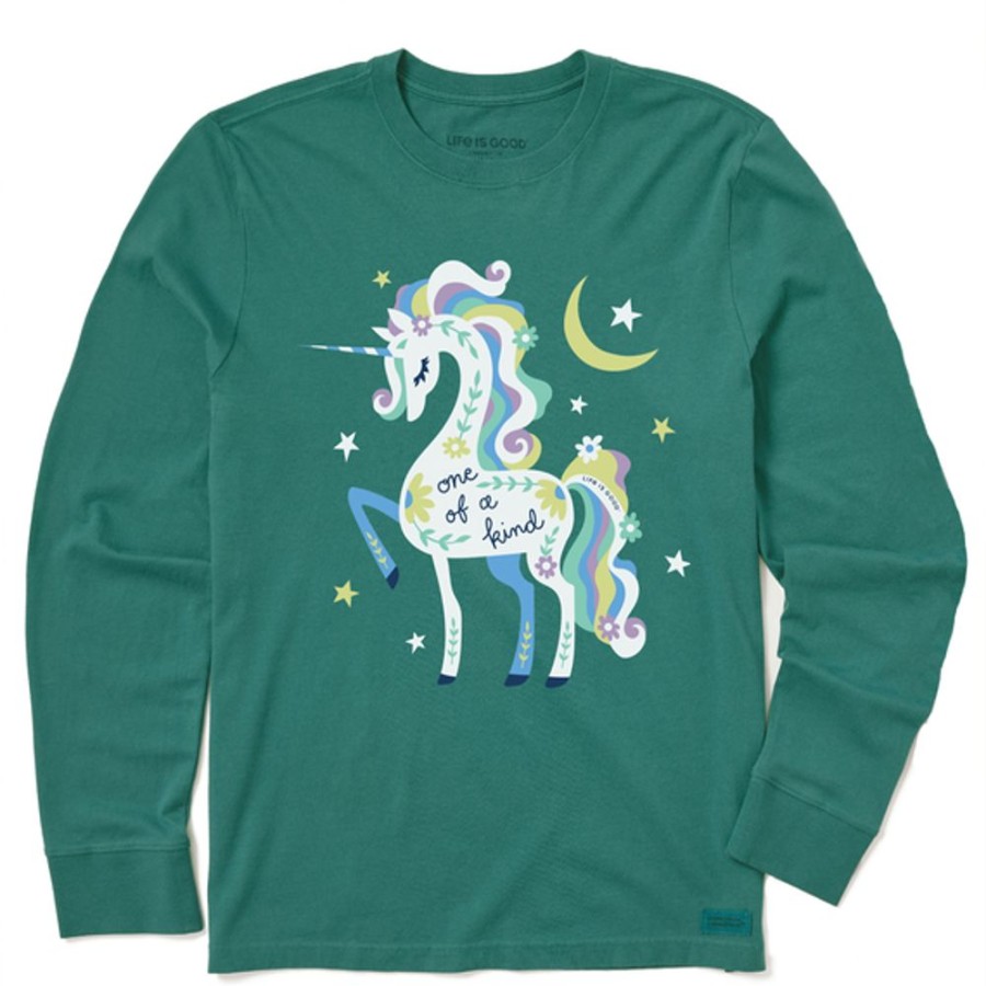 Kids Life is Good Graphic Tees | Kids One Of A Kind Unicorn Long Sleeve Crusher Tee Spruce Green