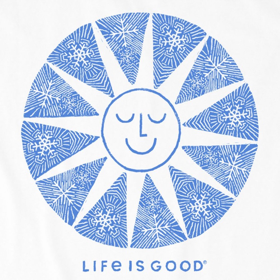 Women Life is Good Graphic Tees | Women'S Woodcut Smiling Sun Crusher Tee Cloud White