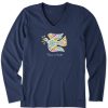 Women Life is Good Graphic Tees | Women'S Folkie Peace On Earth Dove Long Sleeve Crusher Vee Darkest Blue