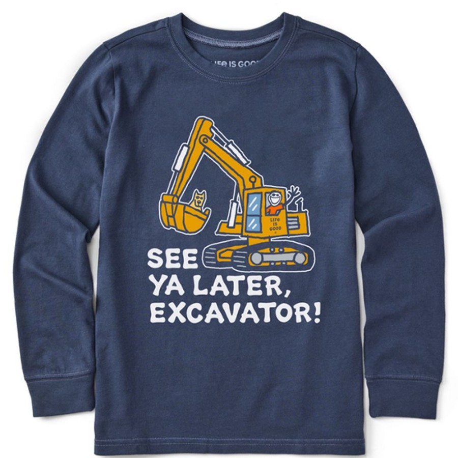 Kids Life is Good Graphic Tees | Kids Jake And Rocket Excavator Long Sleeve Crusher Tee Darkest Blue