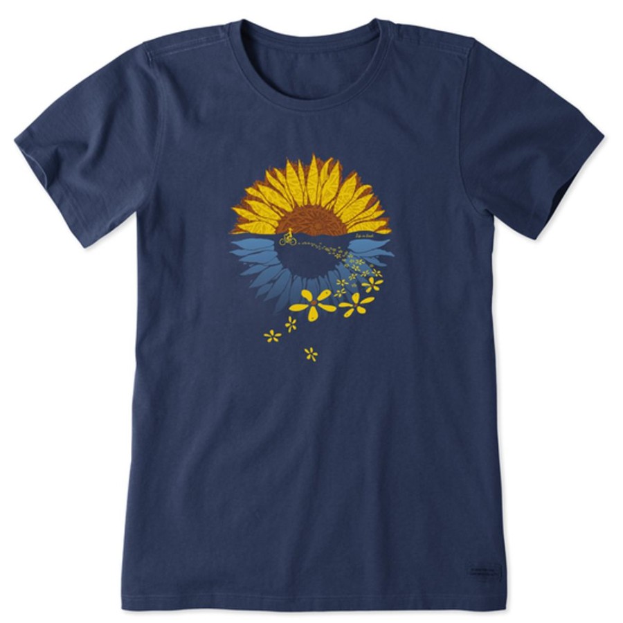 Women Life is Good Graphic Tees | Women'S Macro-Micro Sunflower Bike Ride Short Sleeve Tee Darkest Blue