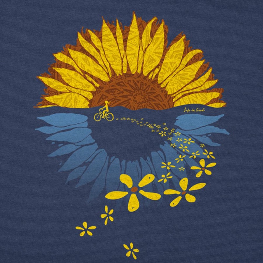 Women Life is Good Graphic Tees | Women'S Macro-Micro Sunflower Bike Ride Short Sleeve Tee Darkest Blue