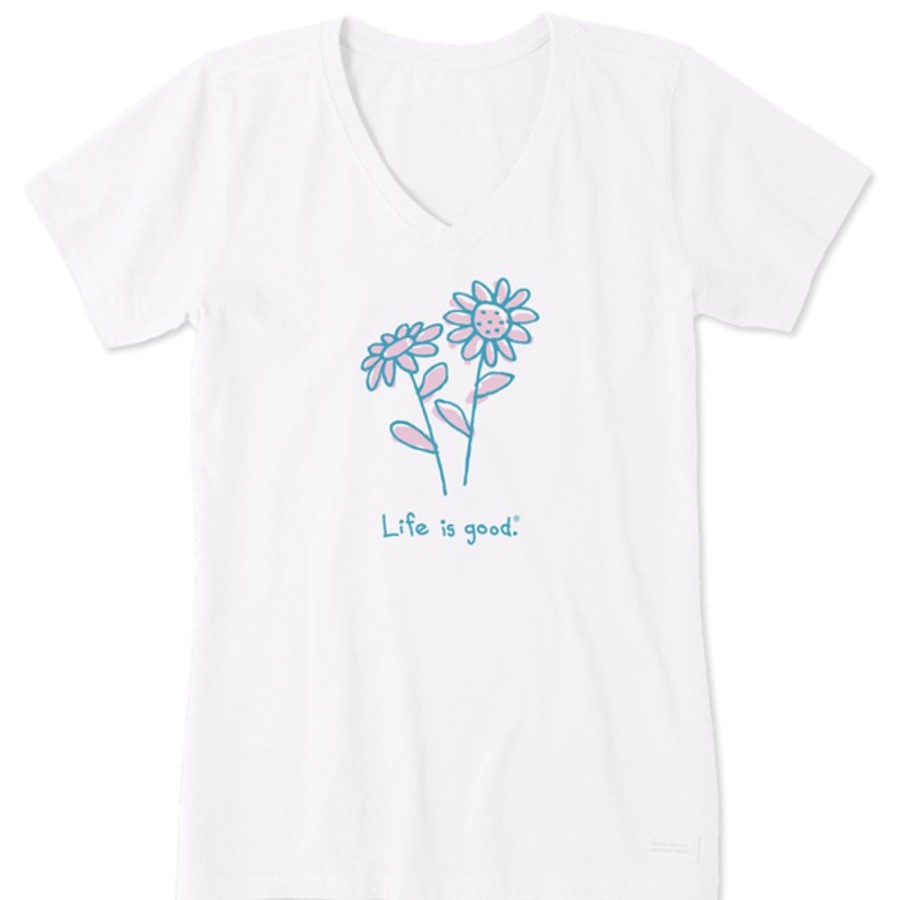 Women Life is Good Graphic Tees | Women'S Quirky Daisies Crusher Vee Cloud White