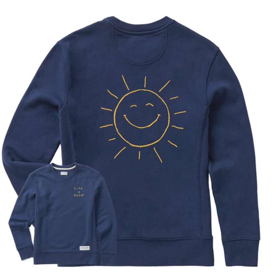 Women Life is Good Sweatshirts & Hoodies | Women'S Quirky Smiling Sun Simply True Fleece Crew Darkest Blue