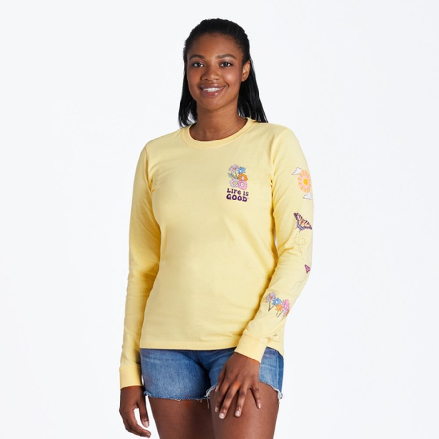 Women Life is Good Graphic Tees | Women'S Sunny Meadow Long Sleeve Crusher Tee Sandy Yellow