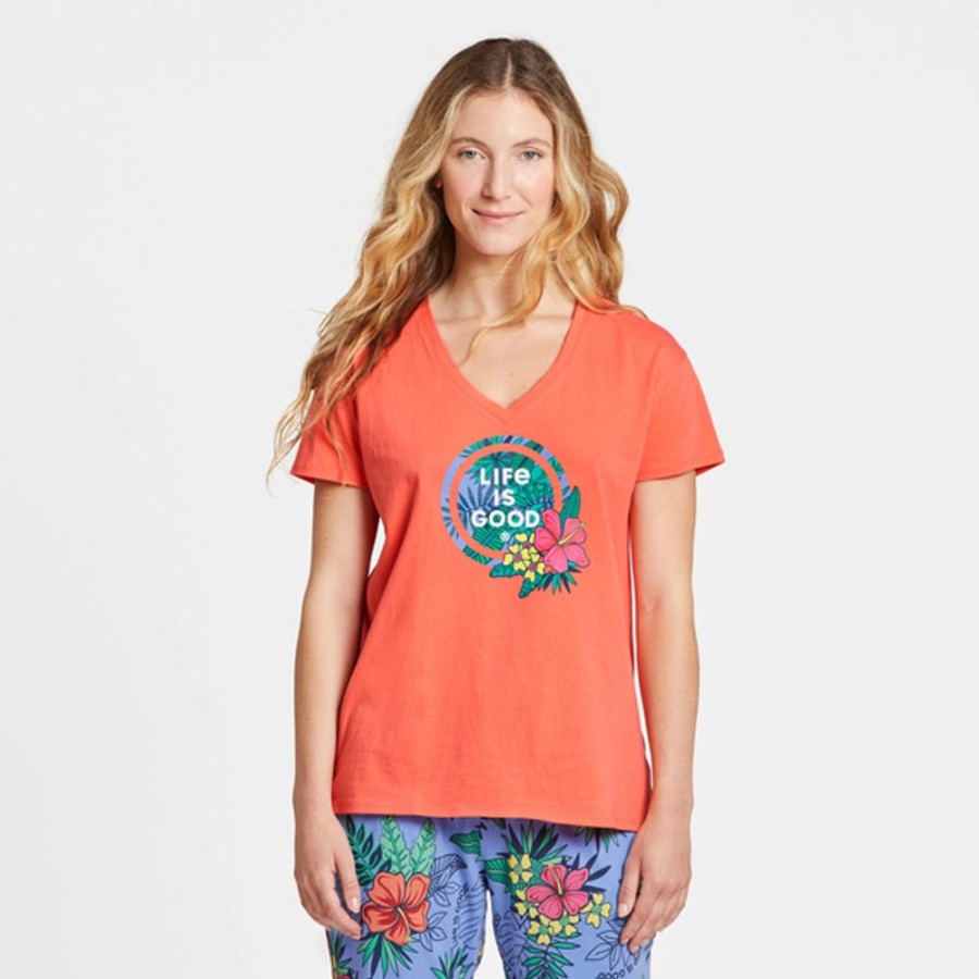 Women Life is Good Sleepwear | Women'S Tropical Hibiscus Palm Coin Snuggle Up Relaxed Sleep Vee Mango Orange