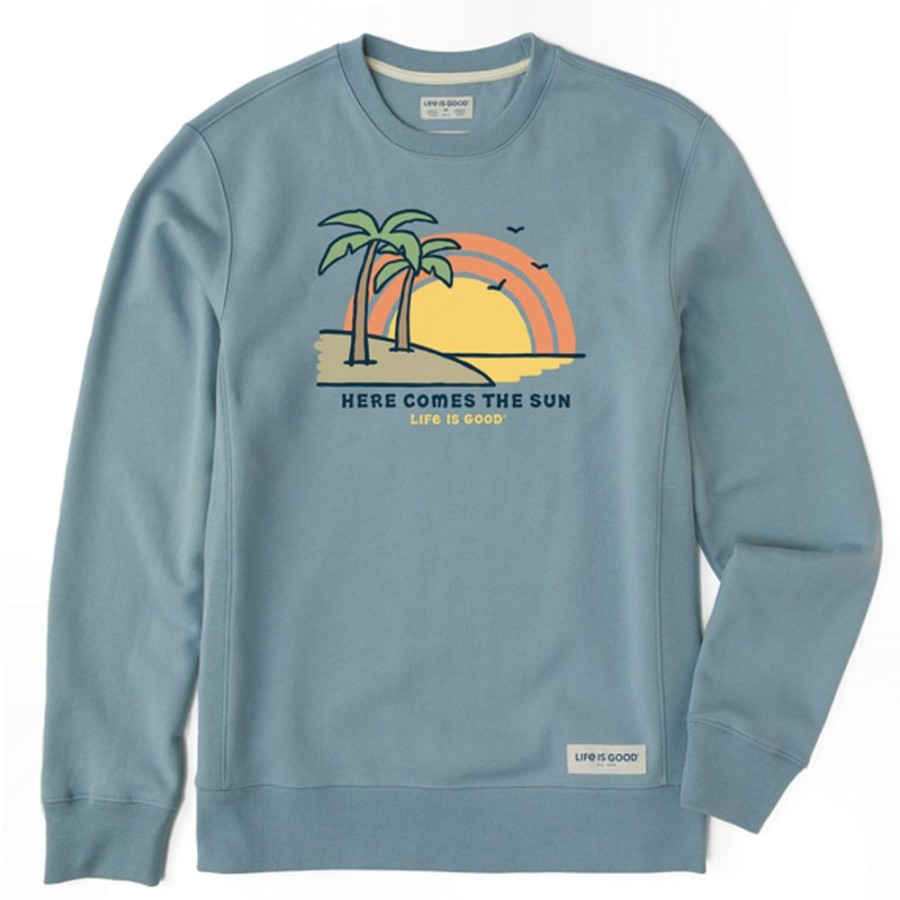 Men Life is Good Sweatshirts & Hoodies | Men'S Palm Here Comes The Sun Simply True Fleece Crew Smoky Blue