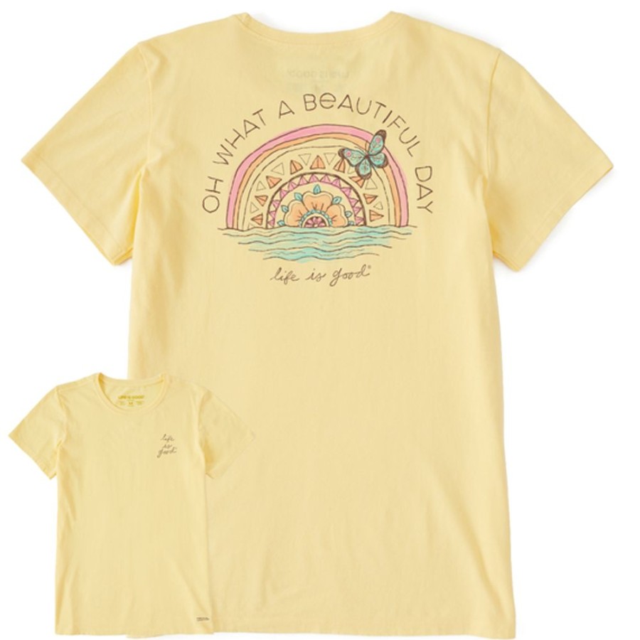 Women Life is Good Graphic Tees | Women'S Dreamy Beautiful Day Butterfly Rainbow Crusher Tee Sandy Yellow