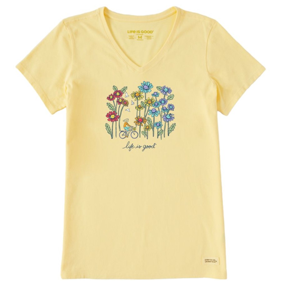 Women Life is Good Graphic Tees | Women'S Realaxed Wildflower Bike Crusher Vee Sandy Yellow