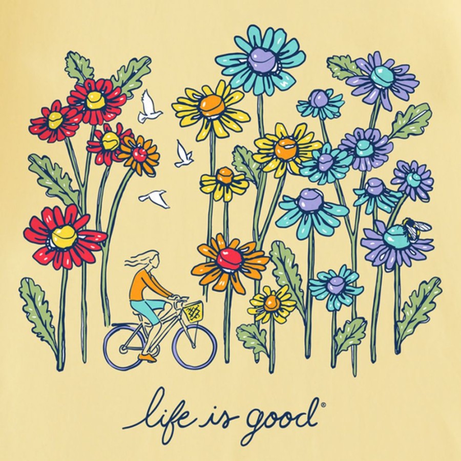 Women Life is Good Graphic Tees | Women'S Realaxed Wildflower Bike Crusher Vee Sandy Yellow