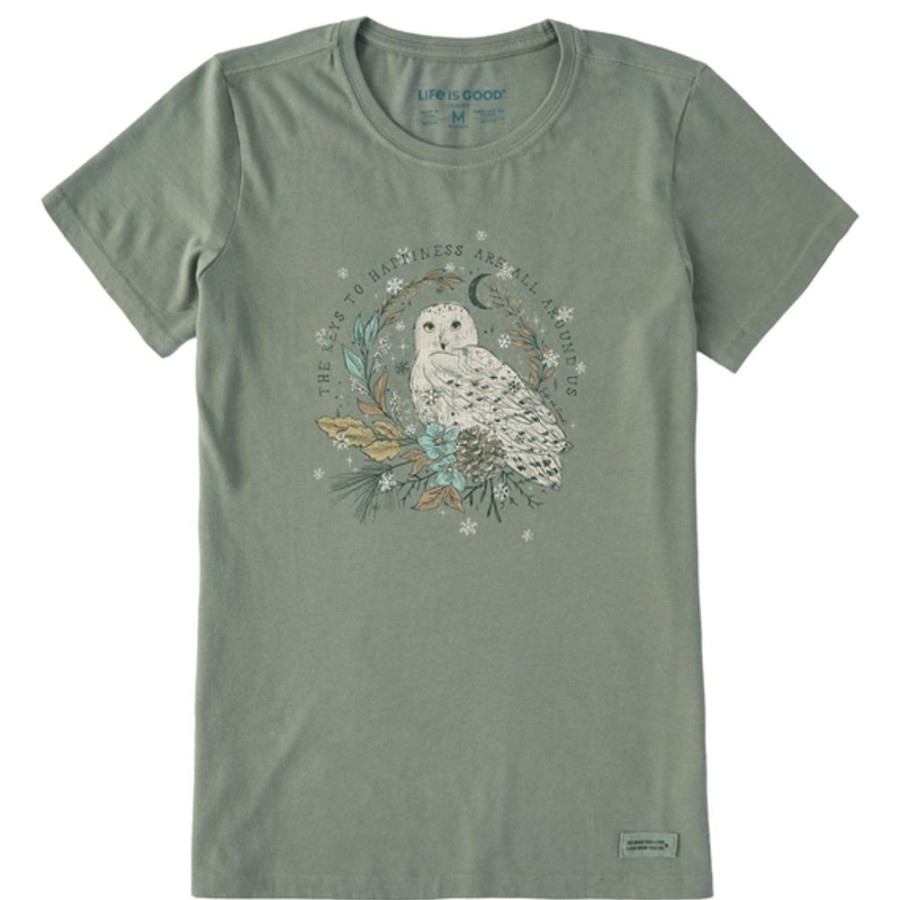 Women Life is Good Graphic Tees | Women'S Dreamy Key To Happiness Snowy Owl Crusher Tee Moss Green