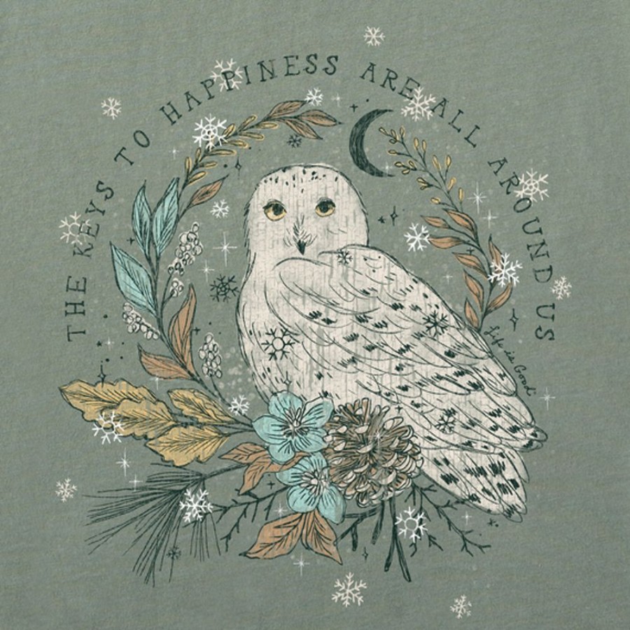 Women Life is Good Graphic Tees | Women'S Dreamy Key To Happiness Snowy Owl Crusher Tee Moss Green