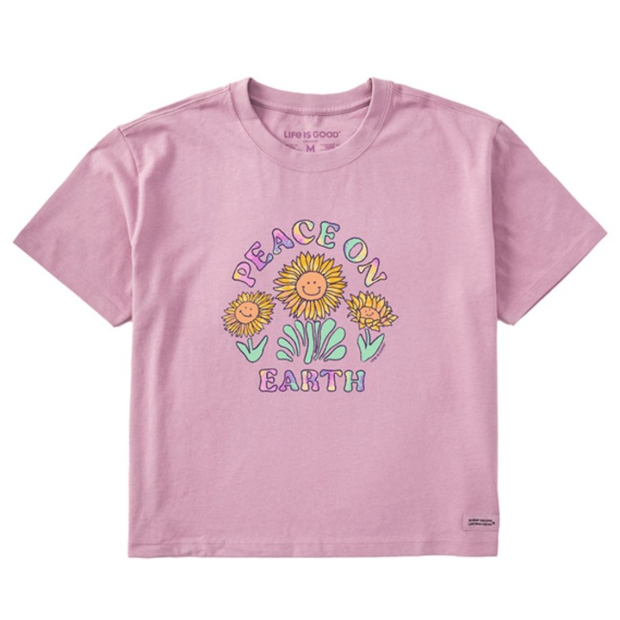 Women Life is Good Boxy Tees | Women'S Tie Dye Peace On Earth Sunflowers Boxy Crusher Tee Violet Purple