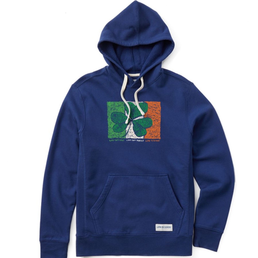 Men Life is Good Sweatshirts & Hoodies | Men'S Woodcut Irish Flag Clover Simply True Fleece Hoodie Darkest Blue