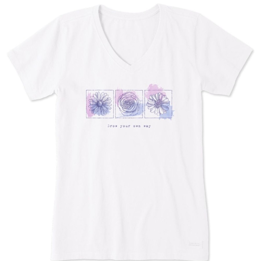 Women Life is Good Graphic Tees | Women'S Fineline Grow Your Own Way Flowers Crusher Vee Cloud White