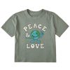 Women Life is Good Boxy Tees | Women'S Groovy Peace & Love Earth Boxy Crusher Tee Moss Green