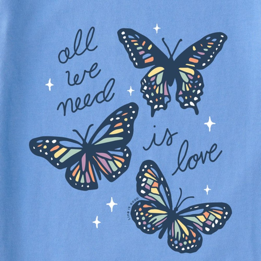 Kids Life is Good Graphic Tees | Kids All We Need Is Love Butterflies Long Sleeve Crusher Tee Cornflower Blue