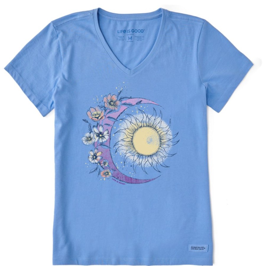 Women Life is Good Graphic Tees | Women'S Moon Flower Short Sleeve Vee Cornflower Blue